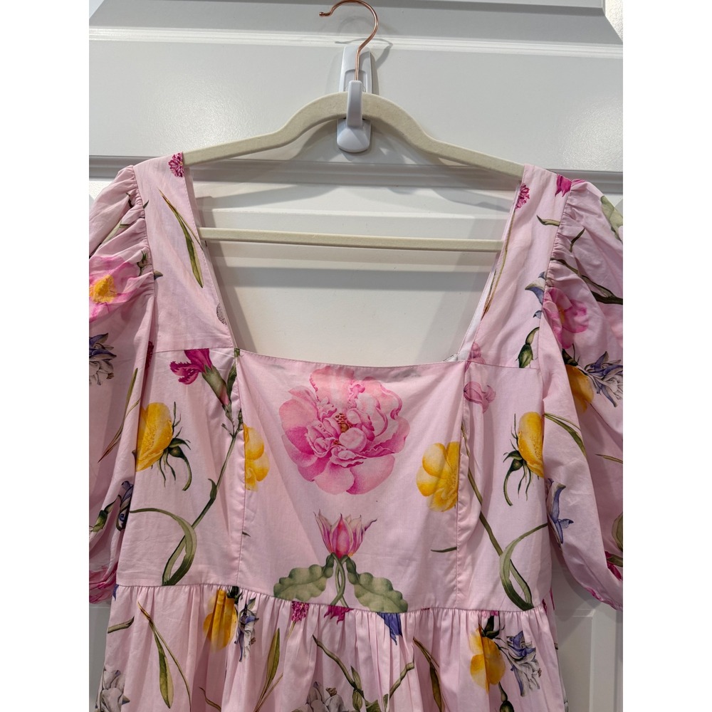 Beyond by Vera Pink Floral Cotton Puff Sleeve Mini Dress Square Neck Small - Picture 3 of 12